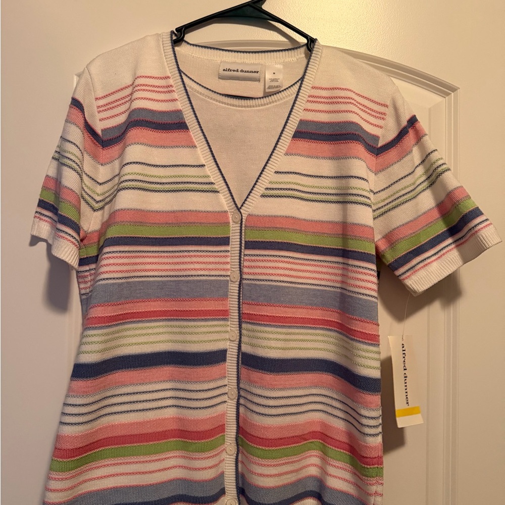 Alfred Dunner Cape May Womens Medium Striped Short Sleeve Cardigan Sweater NWT - Picture 2 of 7